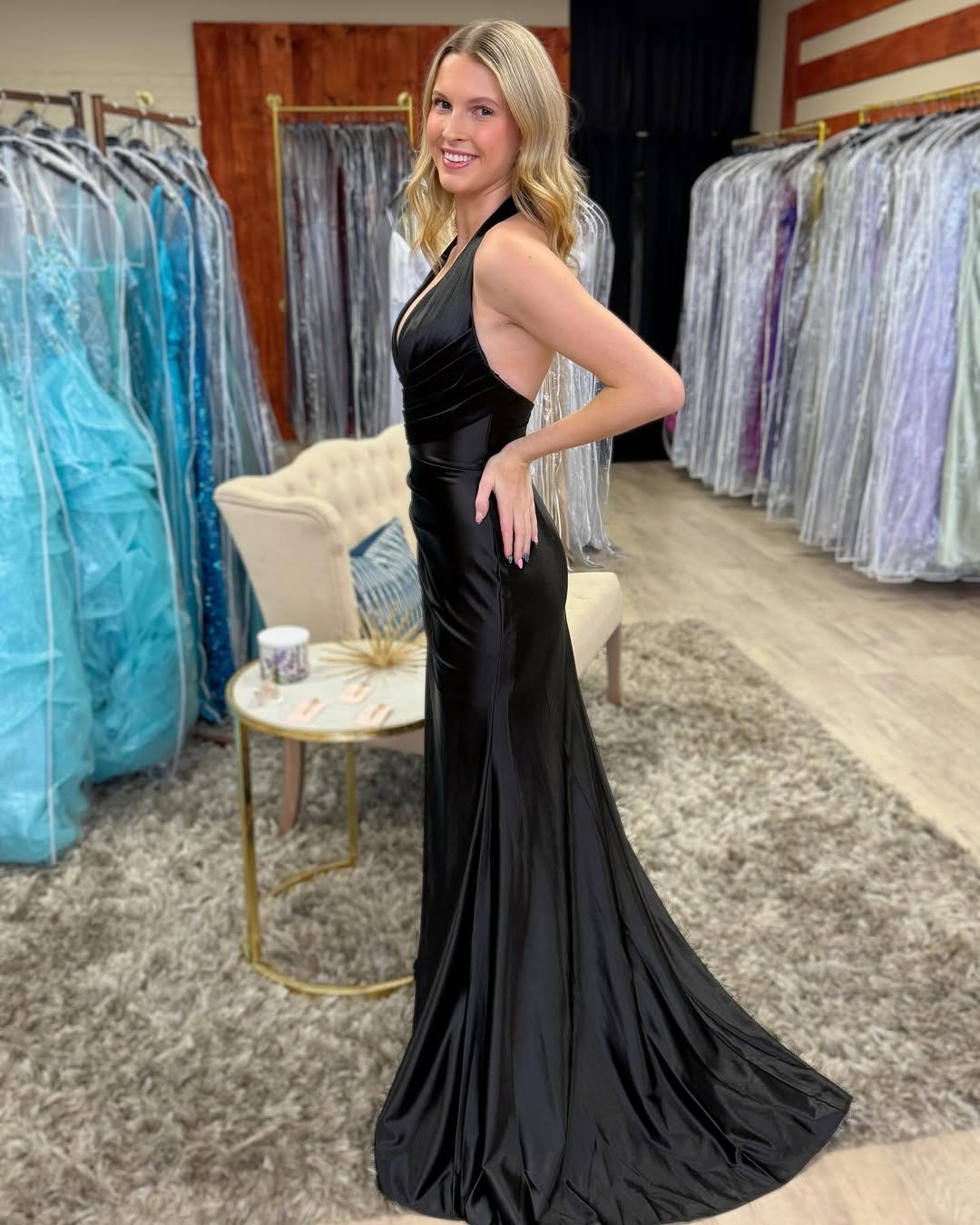 Black Satin Mermaid Prom Dresses Long with Slit Deep V Neck Evening Gowns HE101