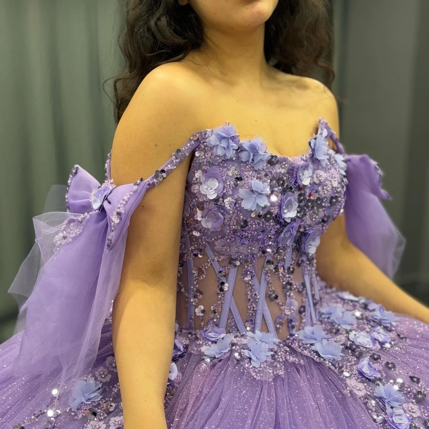 Lilac Quinceanera Dresses Tulle Lace Appliqued Birthday Prom Gowns for Sweet 16 HE163