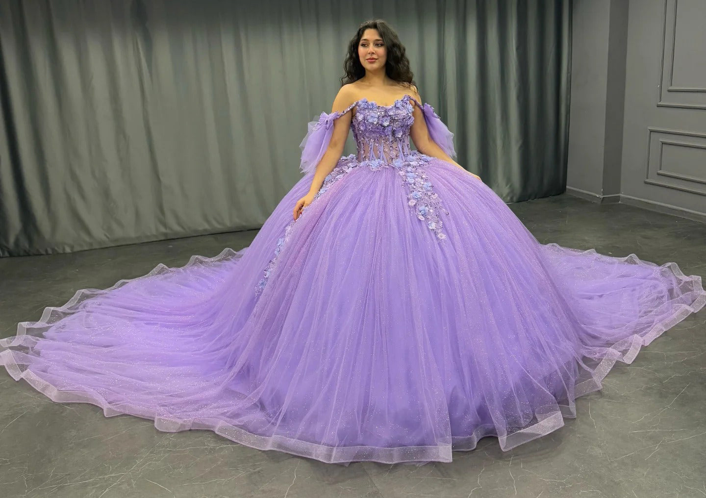 Lilac Quinceanera Dresses Tulle Lace Appliqued Birthday Prom Gowns for Sweet 16 HE163