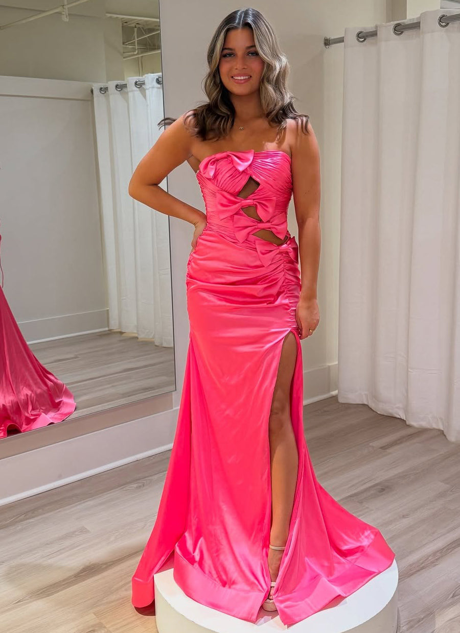 Sweetheart Satin Long Prom Dresses Mermaid Keyhole Evening Gowns with Slit HE106