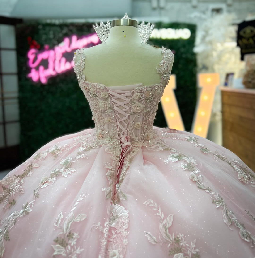 HE218-Precioso vestido de quinceañera con apliques de encaje de tul, vestido de fiesta de princesa con flores 3D para dulces 16