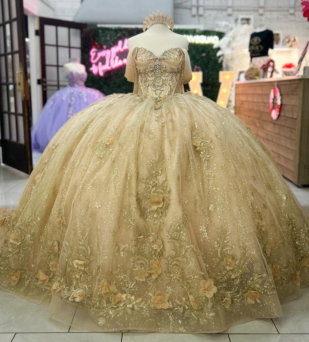 HE219 - Vestidos de quinceañera de tul brillante, vestido de baile de tul con encaje y cuentas, vestidos de fiesta de cumpleaños de 16 años, vestidos de fiesta con hombros descubiertos