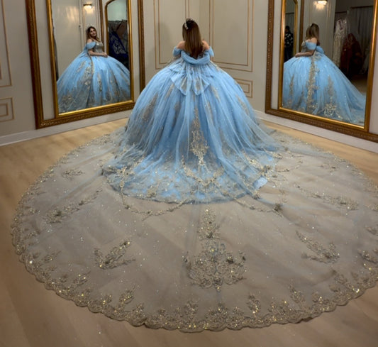 HE072-Vestido de quinceañera con apliques de encaje y tul azul, vestido de fiesta, vestido de fiesta con hombros descubiertos, vestido de fiesta de cumpleaños de 16 años