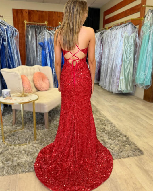 Mermaid Glittery Sequins Prom Dresses Long Sexy Backless Evening Party Dresses HE138