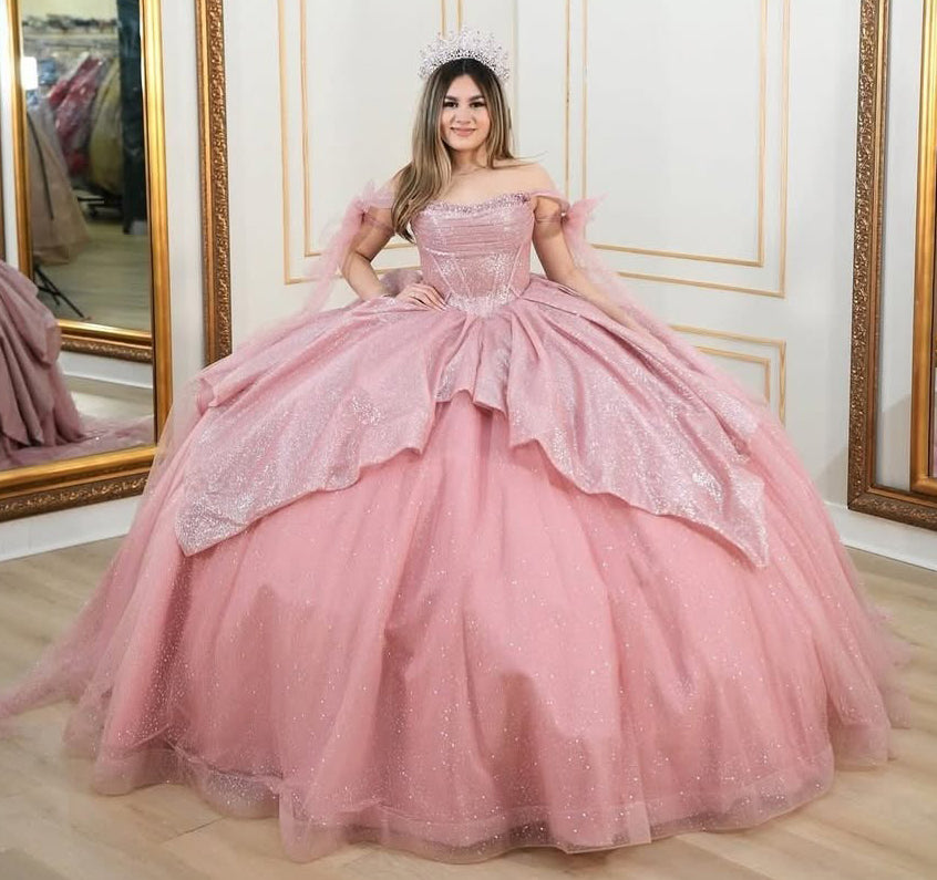 HE067-Vestido de quinceañera con hombros descubiertos, tul brillante y elegante, vestido de fiesta con corsé y parte superior, para fiesta de graduación y cumpleaños, para dulces 16