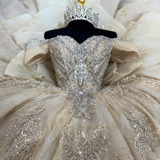 Champagne Tulle Lace Beaded Off Shoulder Quinceanera Dresses for Sweet 16 HE670