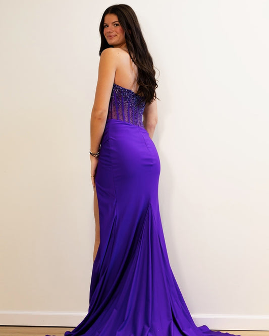 Satin Beaded Prom Dresses Long Mermaid Sweetheart Evening Gowns with Slit HE134