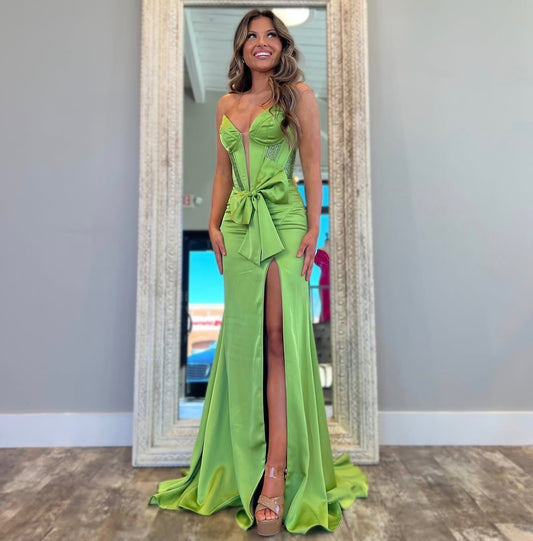 Women's Green Prom Dresses Long Satin Beaded Sweetheart Formal Gowns with Slit HE126