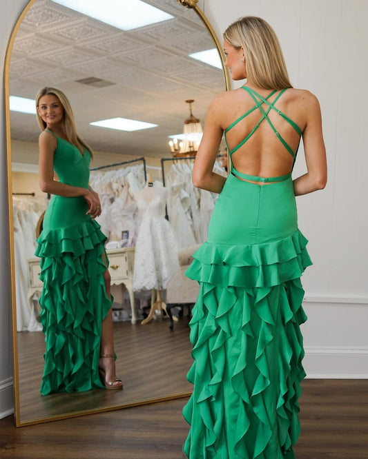 Mermaid Satin Ruffles Long Prom Dress V Neck Evening Party Gowns with Slit HE037