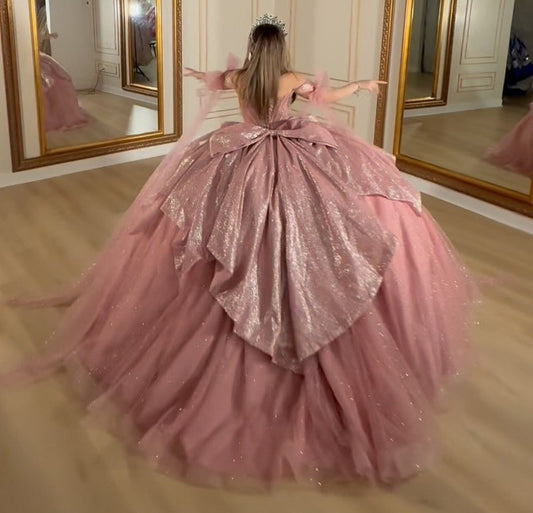 HE067-Vestido de quinceañera con hombros descubiertos, tul brillante y elegante, vestido de fiesta con corsé y parte superior, para fiesta de graduación y cumpleaños, para dulces 16