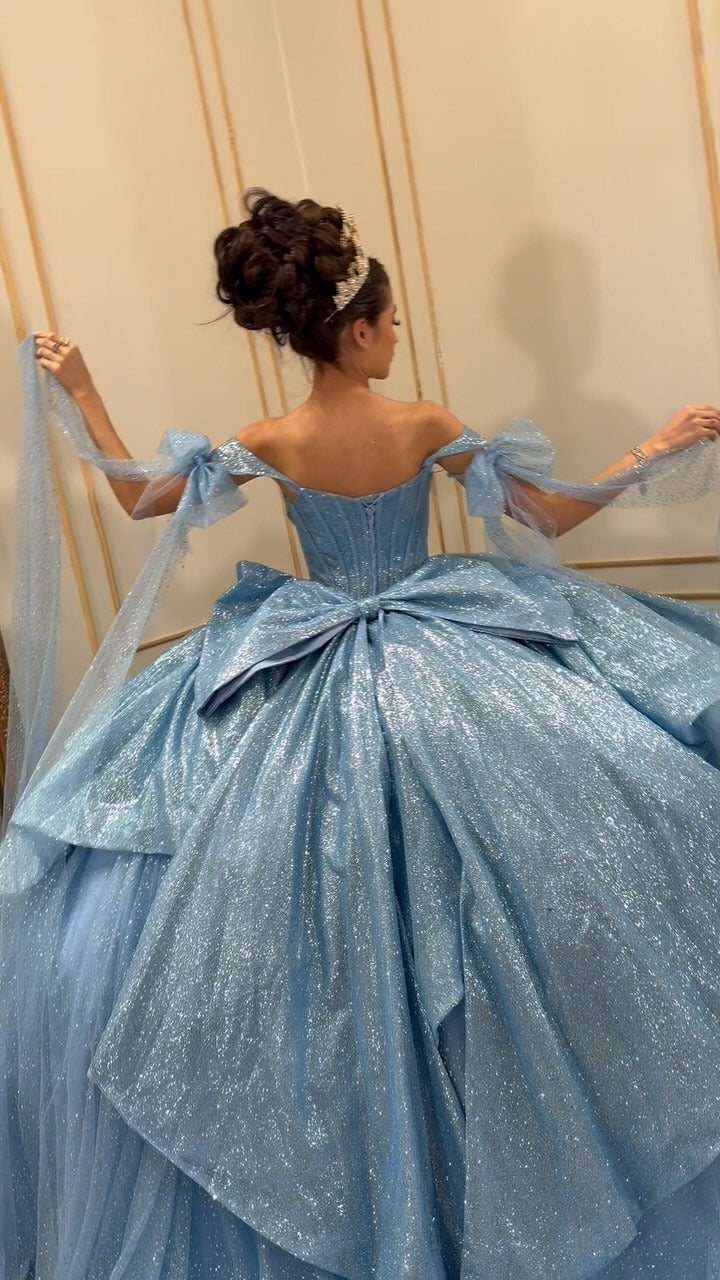 HE067-Vestido de quinceañera con hombros descubiertos, tul brillante y elegante, vestido de fiesta con corsé y parte superior, para fiesta de graduación y cumpleaños, para dulces 16