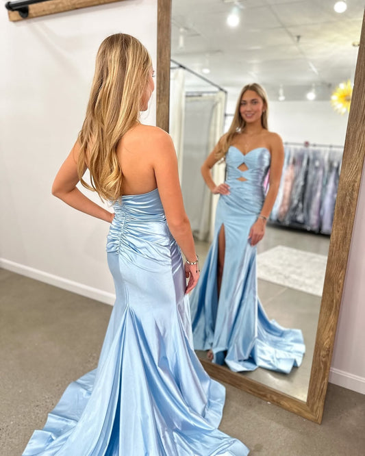 Mermaid Satin Sweetheart Long Prom Dresses Keyhole Evening Party Gowns with Slit HE206