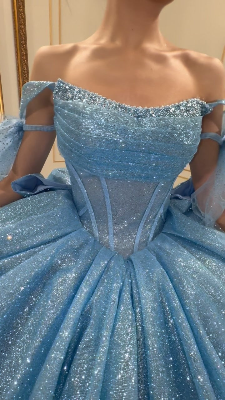 HE067-Vestido de quinceañera con hombros descubiertos, tul brillante y elegante, vestido de fiesta con corsé y parte superior, para fiesta de graduación y cumpleaños, para dulces 16