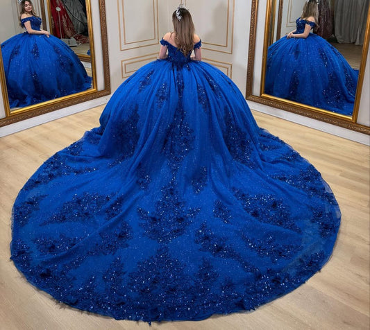 HE066 - Elegante vestido de quinceañera con hombros descubiertos, tul, encaje y cuentas, para fiesta de cumpleaños de 16 años