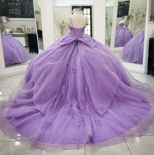 Lilac Sweetheart Princess Quinceanera Dresses Tulle Lace Beaded Party Gowns HE215
