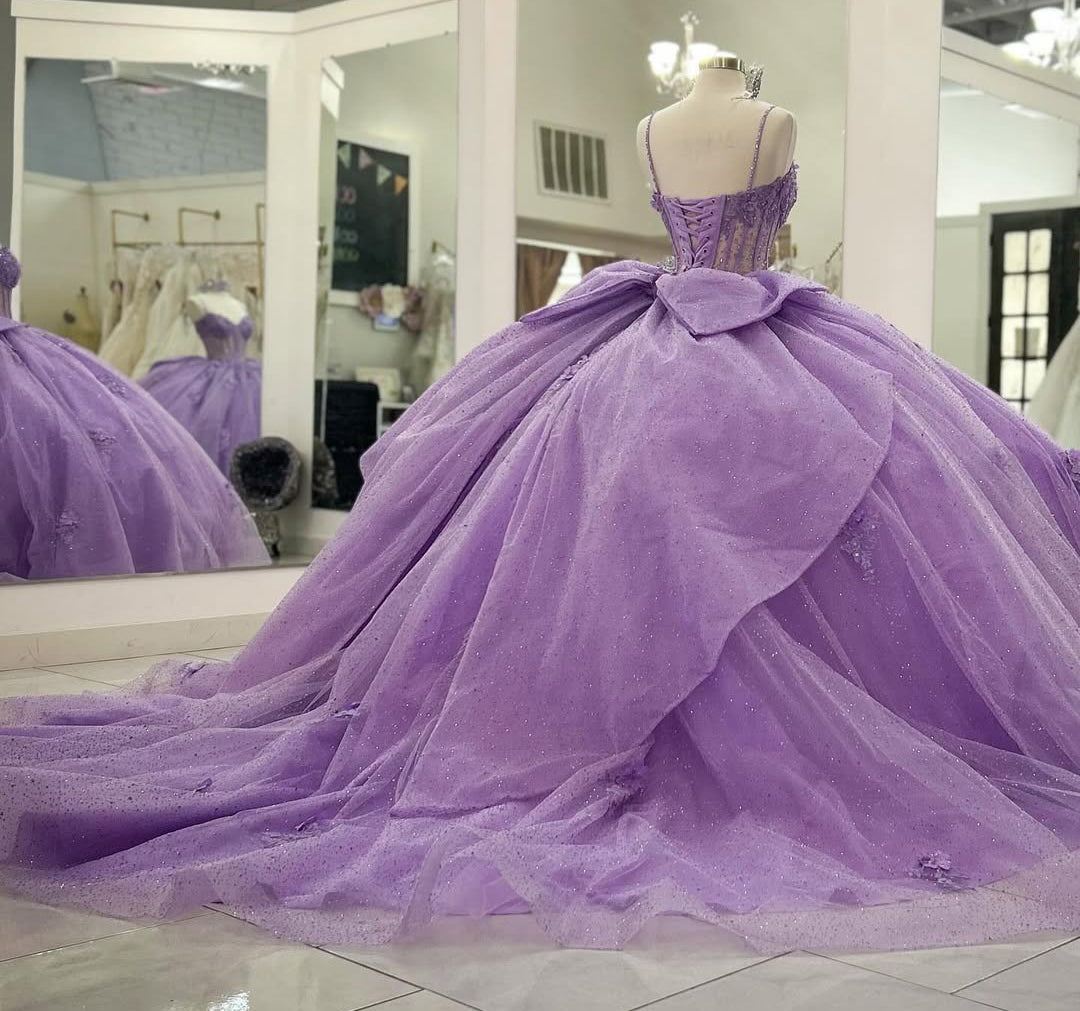 Lilac Sweetheart Princess Quinceanera Dresses Tulle Lace Beaded Party Gowns HE215