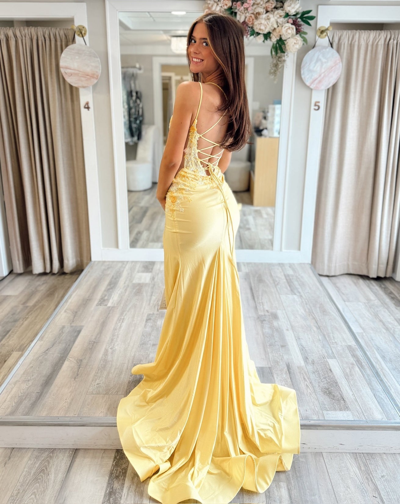 HE255-Mermaid Spaghetti Straps Long Prom Dresses V Neck Satin Evening Gowns Lace Beaded Maxi Party Dresses with Slit
