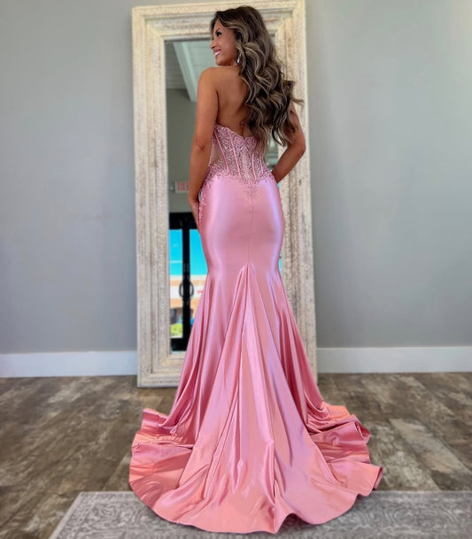 Mermaid V Neck Long Prom Dresses Satin Lace Appliqued Evening Gowns for Women HE124