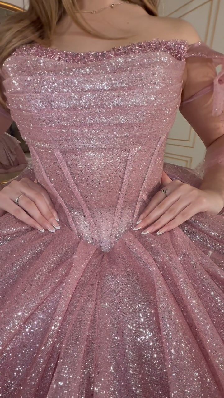 HE067-Vestido de quinceañera con hombros descubiertos, tul brillante y elegante, vestido de fiesta con corsé y parte superior, para fiesta de graduación y cumpleaños, para dulces 16