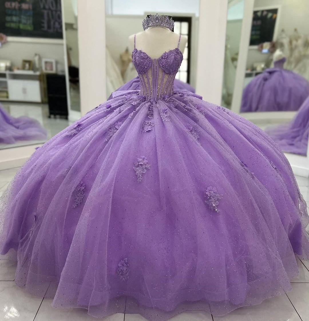 Lilac Sweetheart Princess Quinceanera Dresses Tulle Lace Beaded Party Gowns HE215