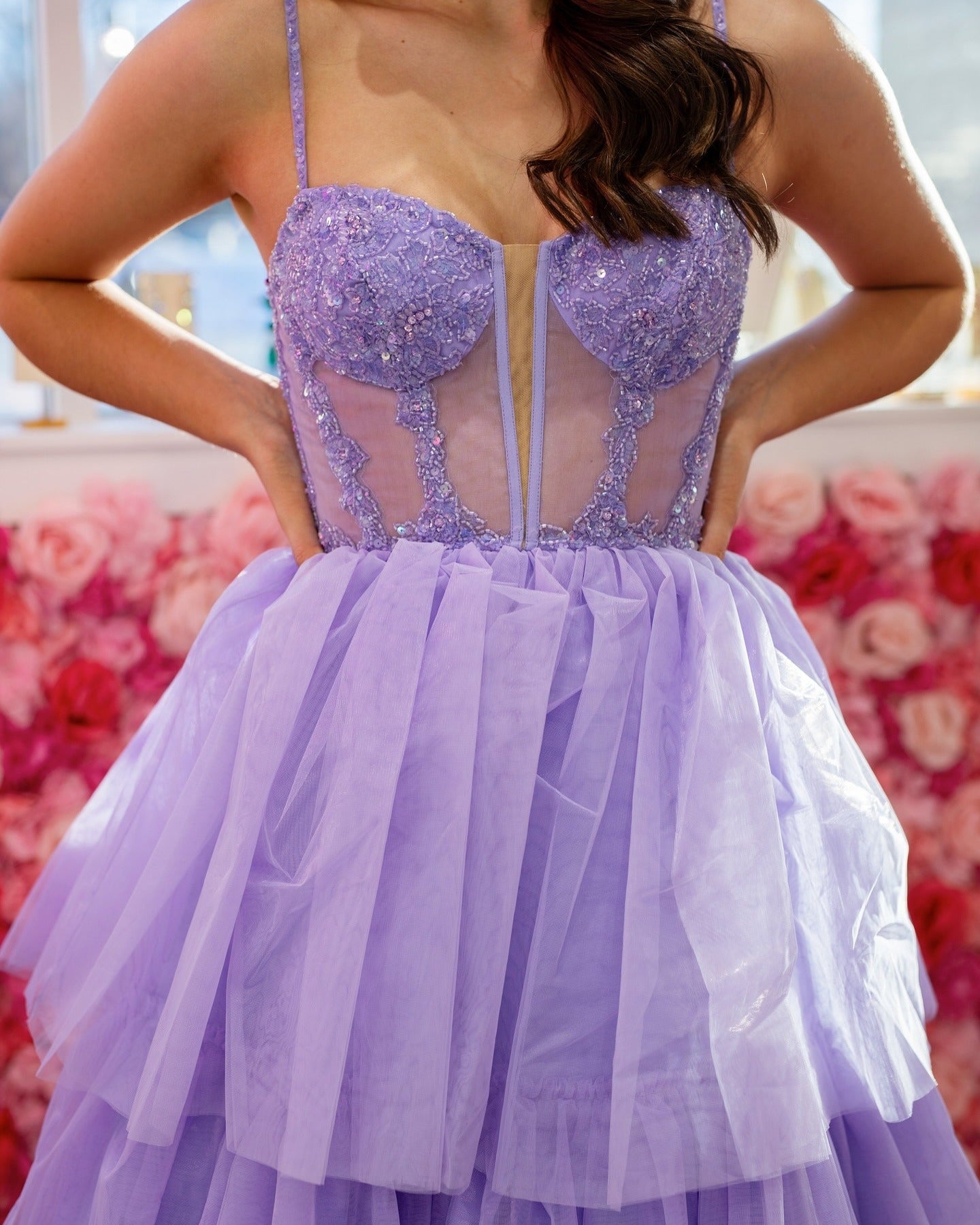 A Line Lilac Tulle Ruffles Prom Dresses Long Appliques Corset Evening Gowns HE135