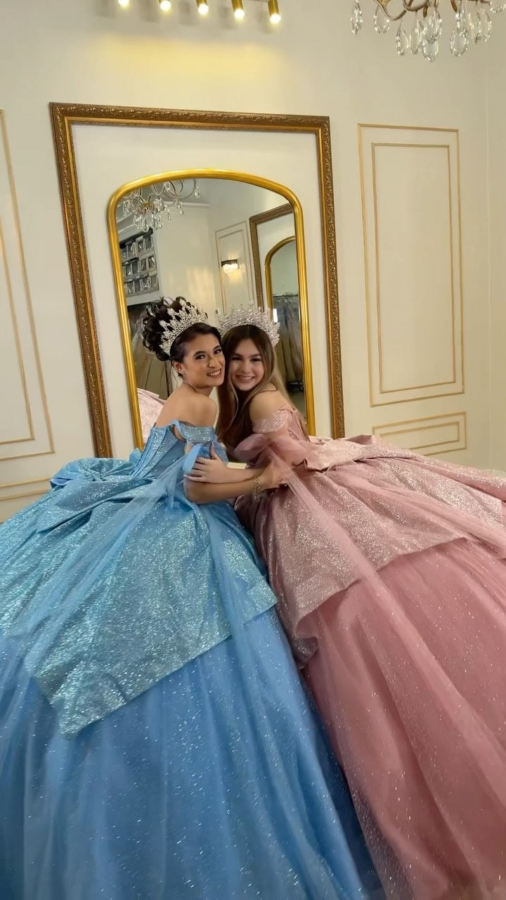HE067-Vestido de quinceañera con hombros descubiertos, tul brillante y elegante, vestido de fiesta con corsé y parte superior, para fiesta de graduación y cumpleaños, para dulces 16