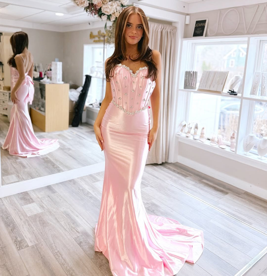 HE254-Mermaid Sweetheart Satin Beaded Prom Dresses Long for Women Backless Sheath Evening Formal Gowns