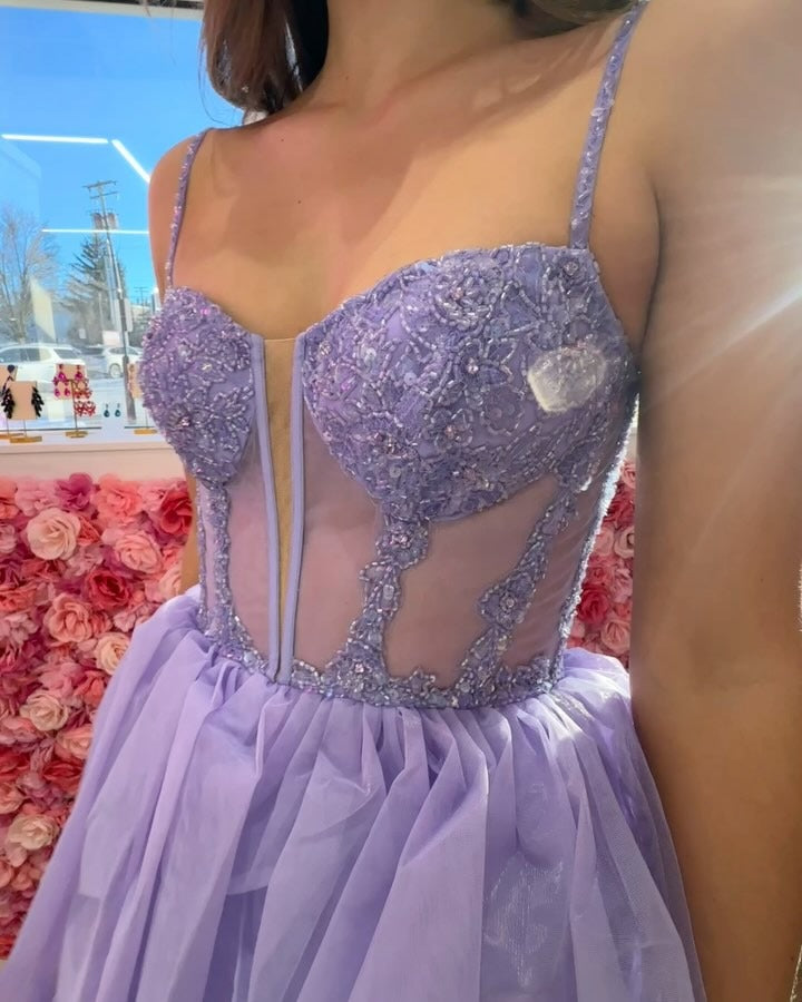A Line Lilac Tulle Ruffles Prom Dresses Long Appliques Corset Evening Gowns HE135