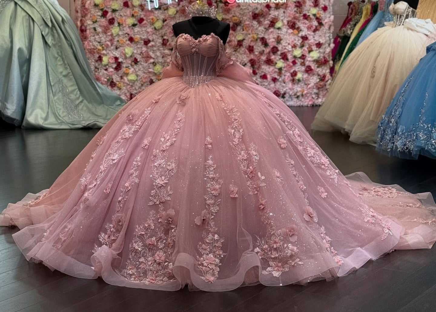 Vestidos de quinceañera con hombros descubiertos, tul princesa, apliques, vestidos de quinceañera HE530