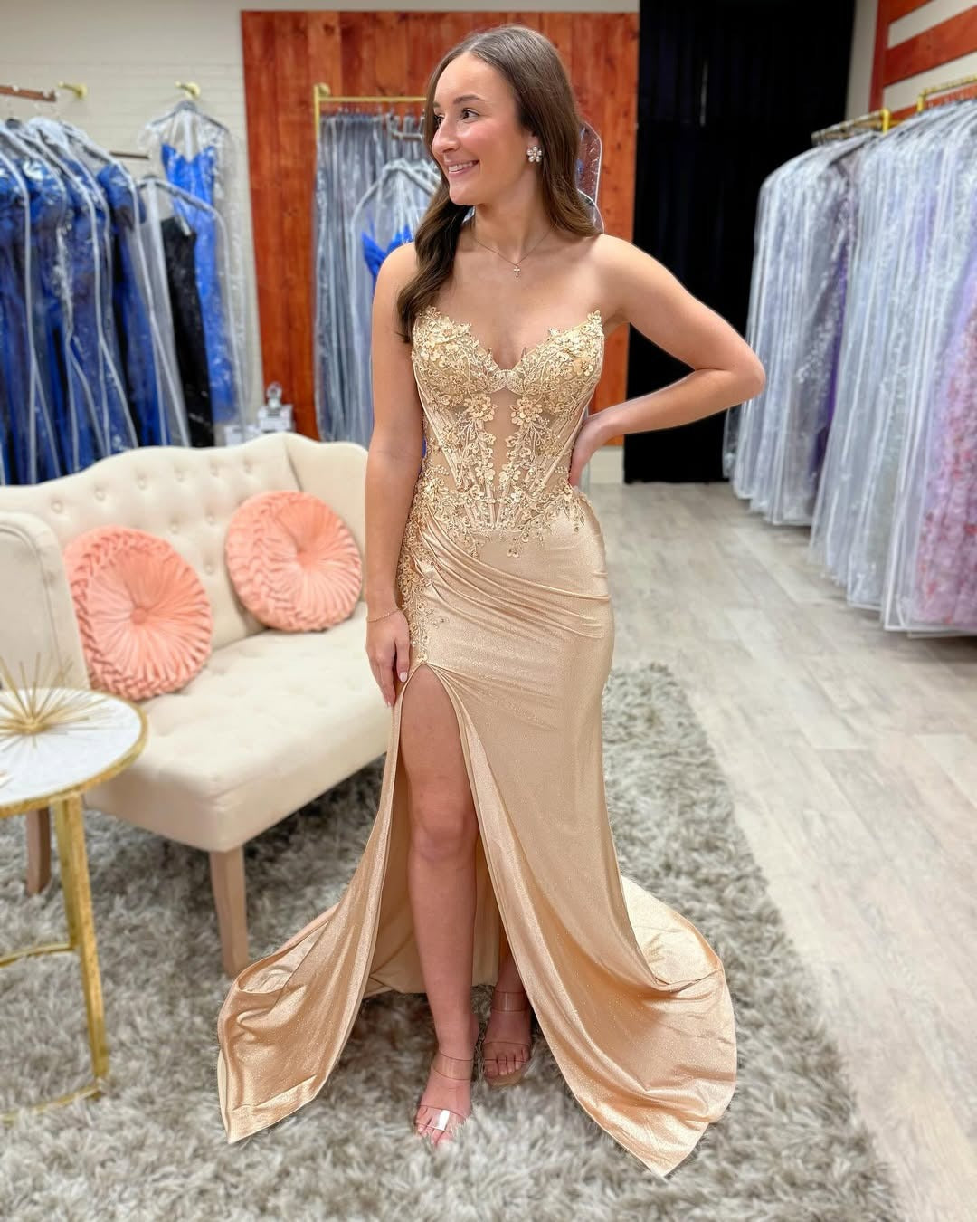 HE137-Vestido de fiesta largo con lentejuelas, encaje y cuentas, corte sirena, sin mangas, color champán, para mujer