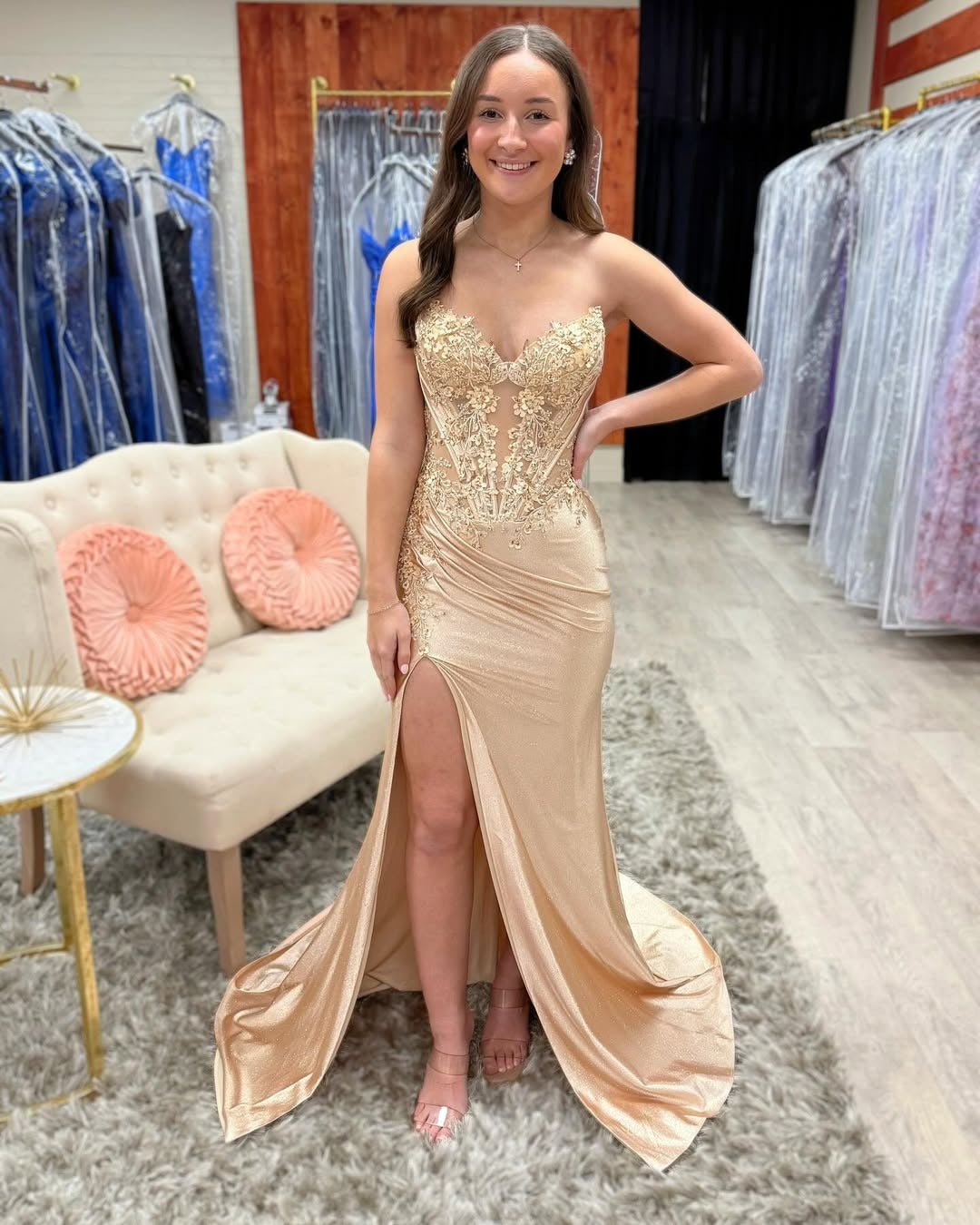 HE137-Vestido de fiesta largo con lentejuelas, encaje y cuentas, corte sirena, sin mangas, color champán, para mujer