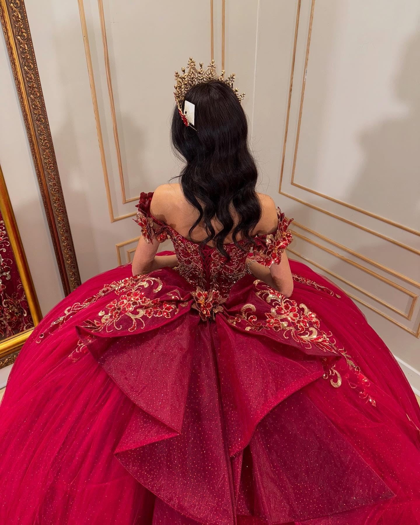 HE149 - Vestidos de quinceañera rojos con hombros descubiertos, apliques de tul y encaje, para fiesta de graduación, vestido de gala para fiesta de cumpleaños de 16 años