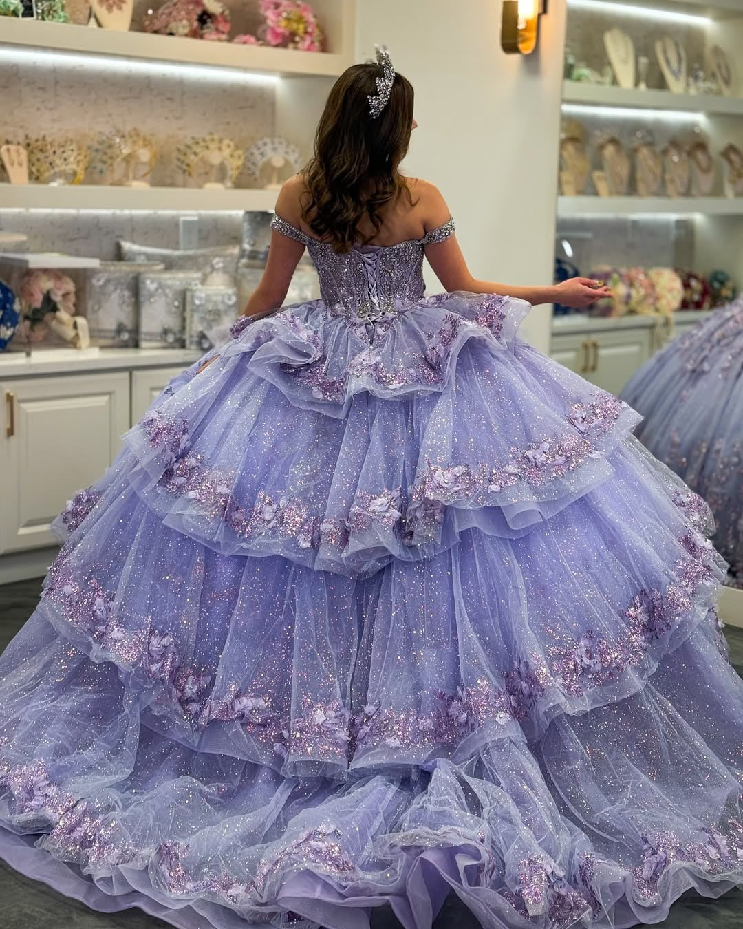 HE092 - Vestidos de quinceañera con hombros descubiertos, apliques de flores 3D y volantes de tul con encaje para fiesta de cumpleaños de 16 años