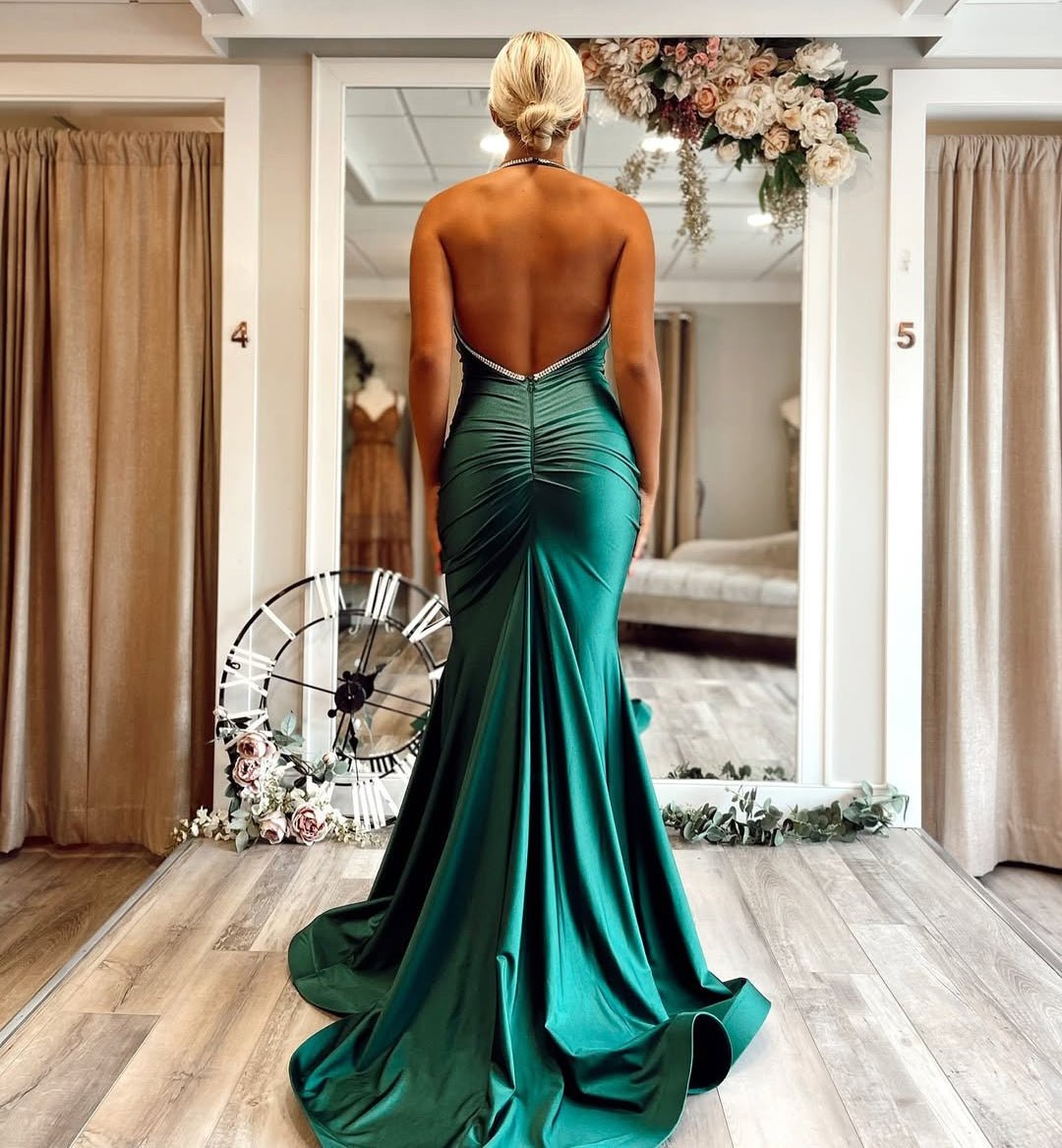 HE251-Vestidos de noche de satén con tirantes y cuentas para mujer, vestidos de fiesta de sirena con escote en V, vestidos de fiesta sexys sin espalda, vestidos largos