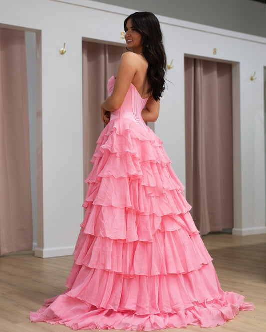 Sweetheart Chiffon Ruffles Prom Dresses A Line Beaded Party Dresses with Slit HE116