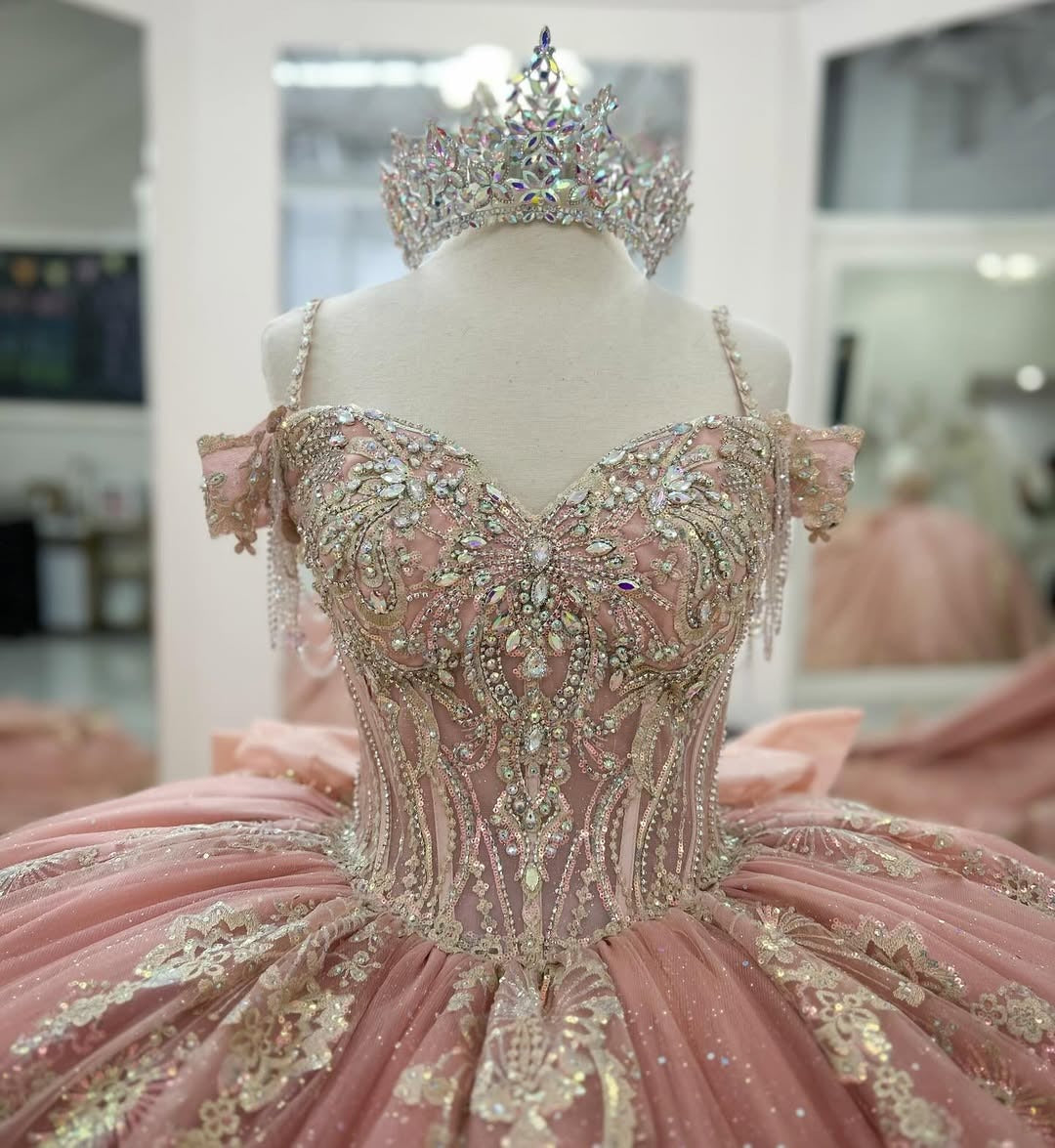 HE214 - Vestidos de quinceañera de tul con encaje y hombros descubiertos con lazo grande, estilo princesa, para fiesta de cumpleaños, sin mangas, para dulces 16