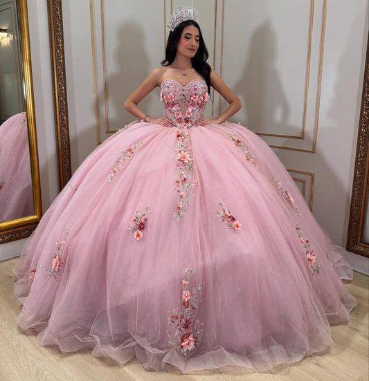 Sweetheart Pink Quinceanera Dresses Tulle 3d Flower Appliques Party Dresses HE150
