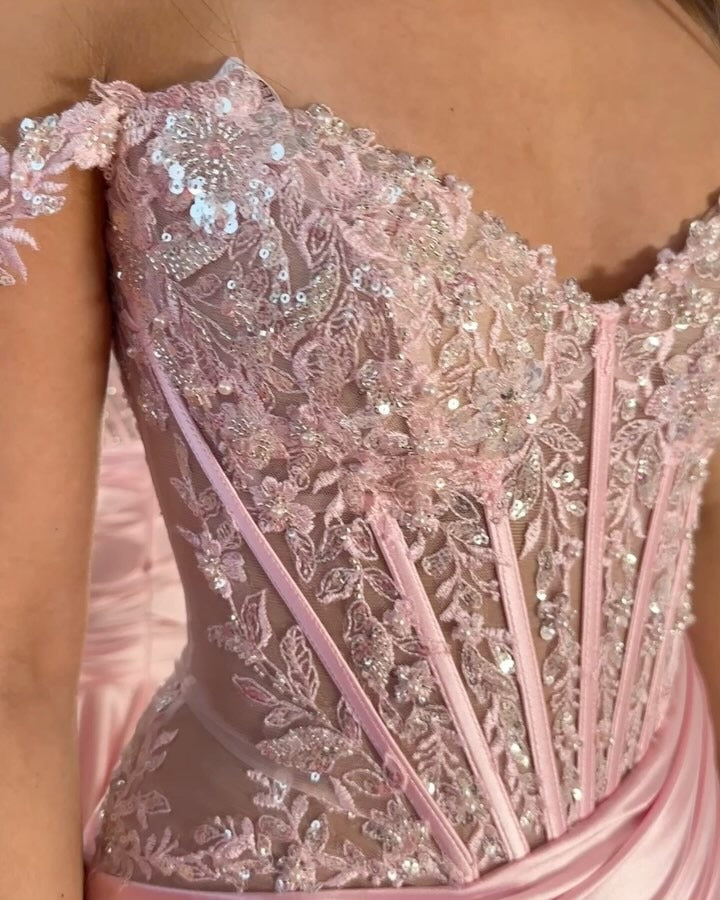Satin Lace Appliqued Beaded Prom Dresses Long Mermaid Evening Gowns with Slit HE130