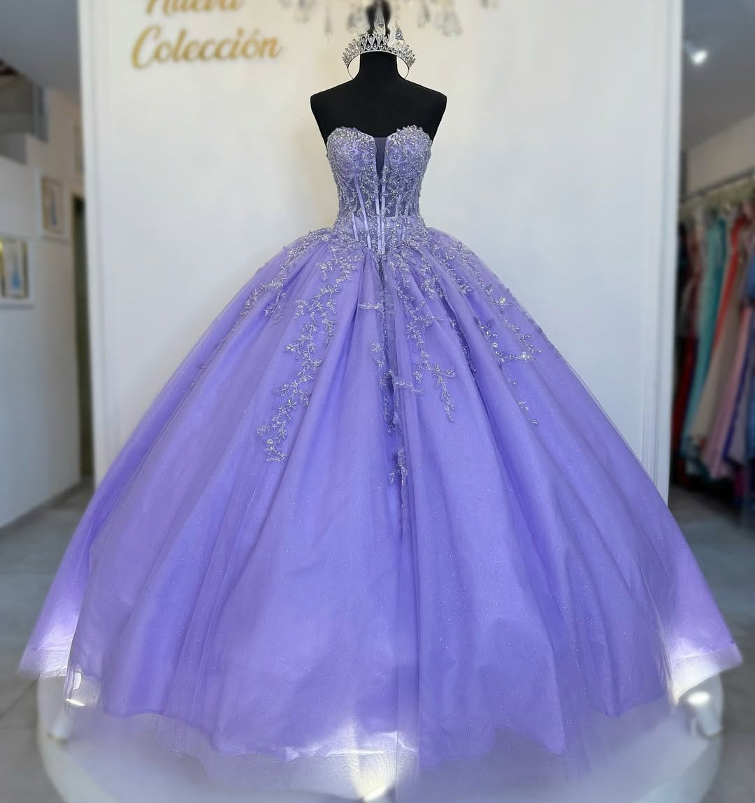 Lilac Sweetheart Princess Quinceanera Dresses Tulle Lace Beaded Sweet 16 Dresses HE237