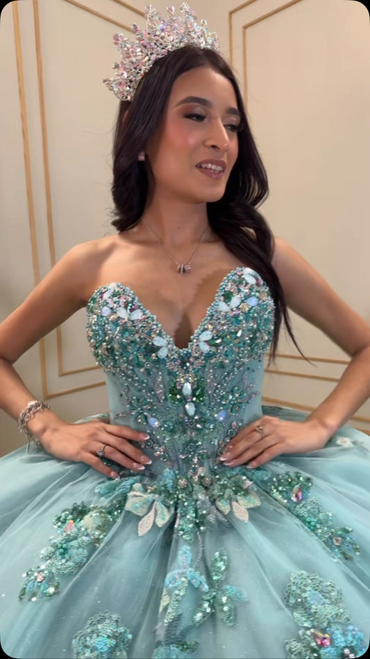 HE151-Vestido de quinceañera azul agua con escote en forma de corazón, largo, con tul, encaje y cuentas, para fiesta de cumpleaños