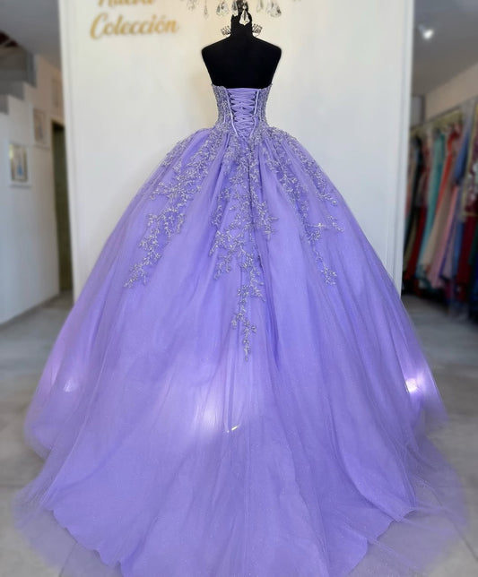 Lilac Sweetheart Princess Quinceanera Dresses Tulle Lace Beaded Sweet 16 Dresses HE237