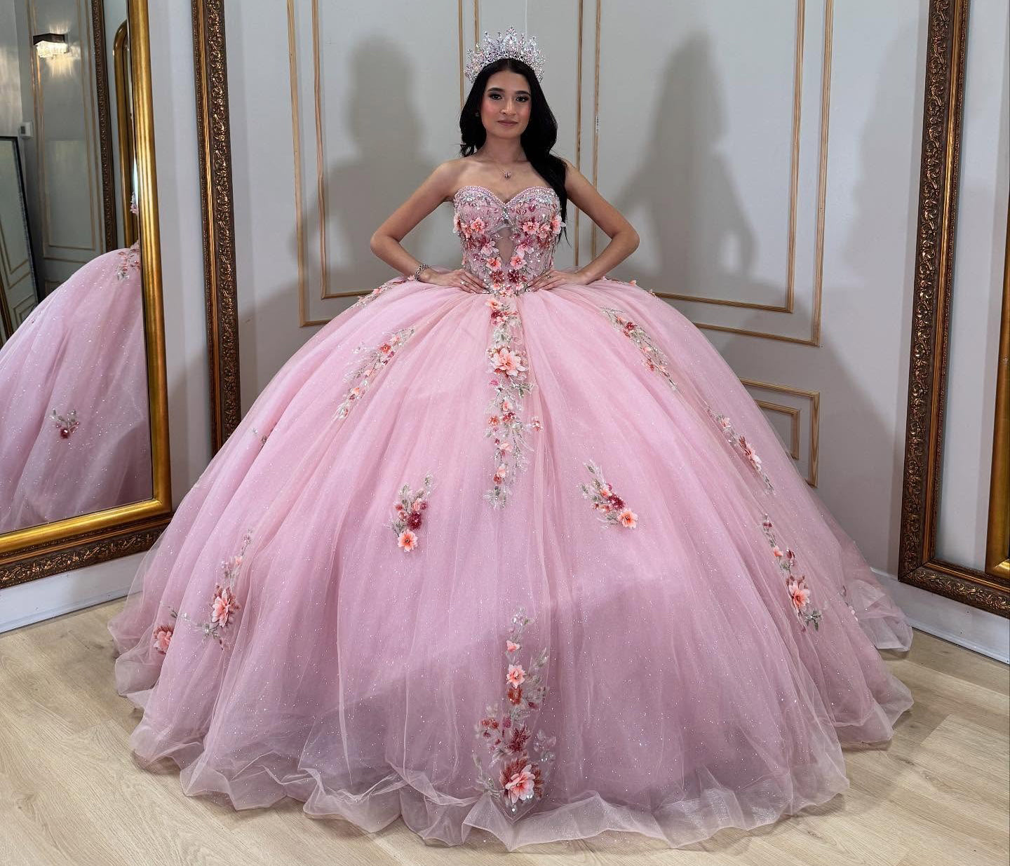 Sweetheart Pink Quinceanera Dresses Tulle 3d Flower Appliques Party Dresses HE150
