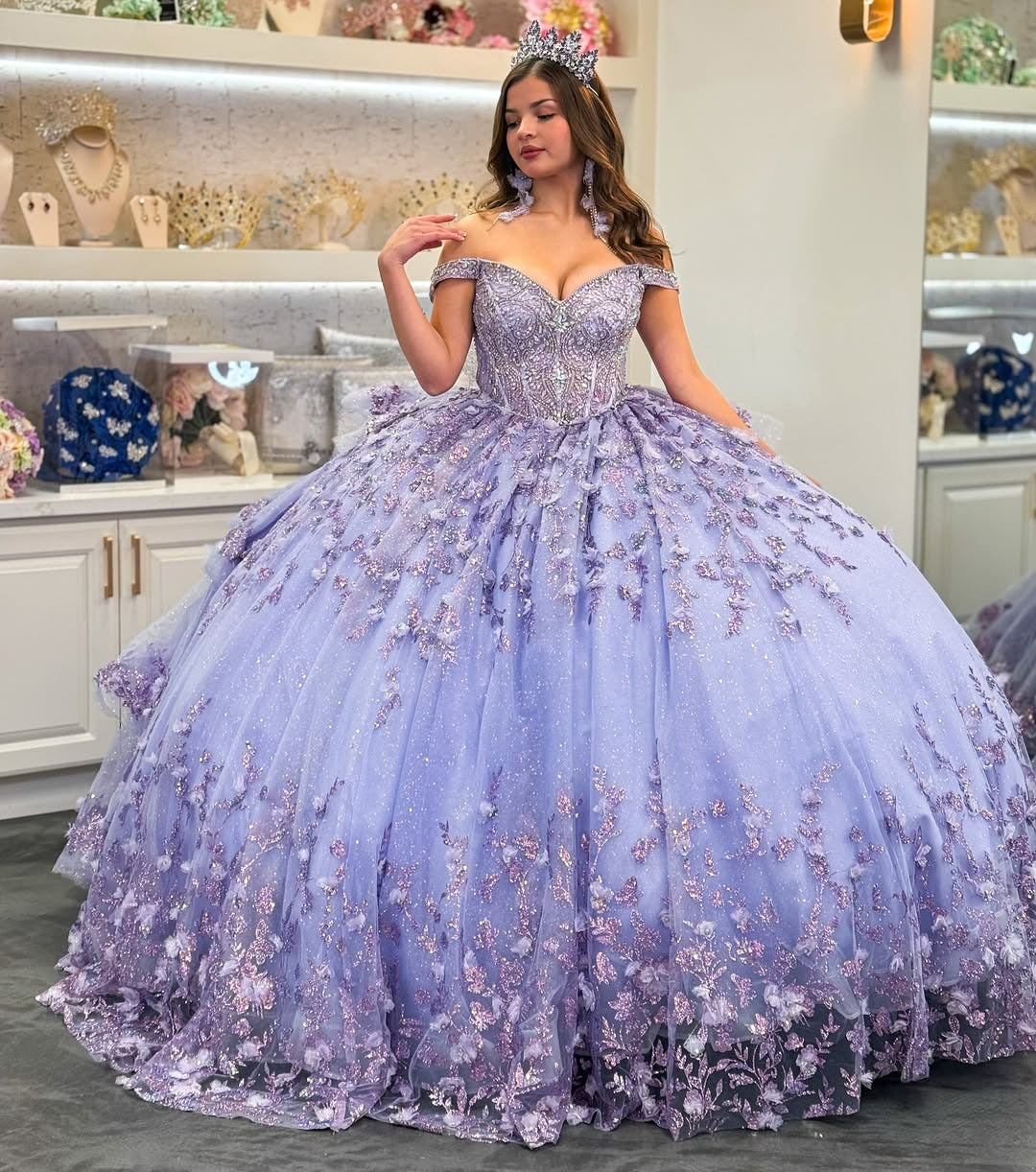 HE092 - Vestidos de quinceañera con hombros descubiertos, apliques de flores 3D y volantes de tul con encaje para fiesta de cumpleaños de 16 años