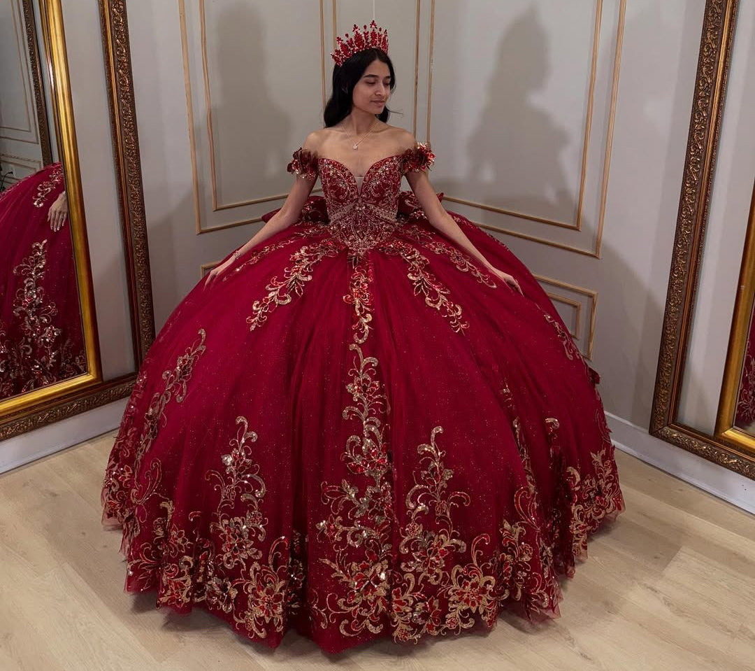 HE149 - Vestidos de quinceañera rojos con hombros descubiertos, apliques de tul y encaje, para fiesta de graduación, vestido de gala para fiesta de cumpleaños de 16 años