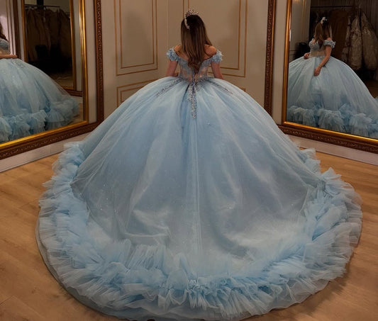 Gergeous Quinceanera Dresses Sky Blue Tulle Ruffle Beaded Sweet 16 Party Dresses HE152