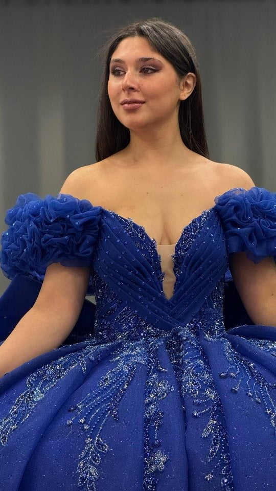 HE160-Vestidos de quinceañera azul real, vestido de baile de tul con encaje y cuentas, vestidos de fiesta con hombros descubiertos, vestidos de princesa para dulces 16 cumpleaños