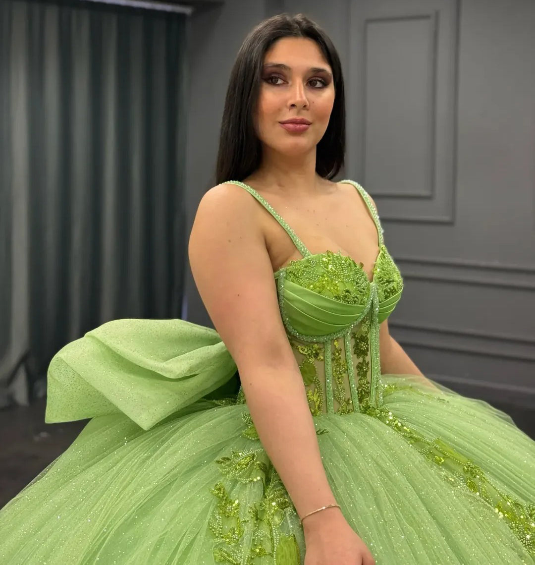 HE159-Vestido de quinceañera verde con apliques de encaje de tul y lazo para fiesta de cumpleaños de princesa