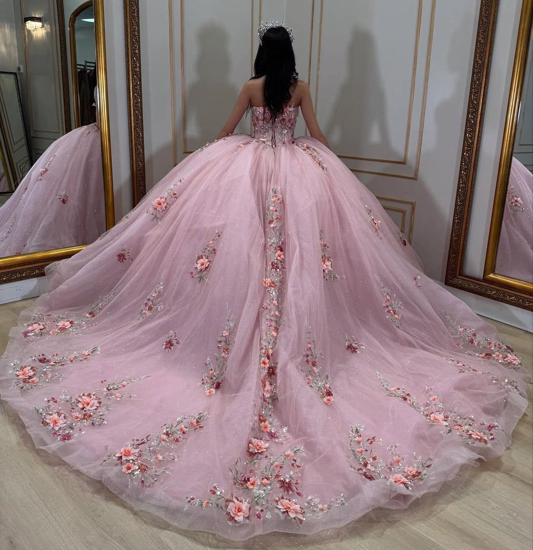 Sweetheart Pink Quinceanera Dresses Tulle 3d Flower Appliques Party Dresses HE150