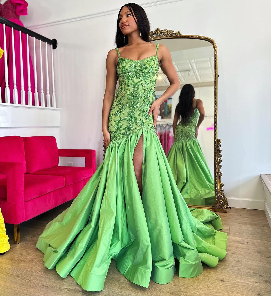 Mermaid Satin Sequin Beaded Long Prom Dresses with Slit Plus Size Evening Gowns HE180