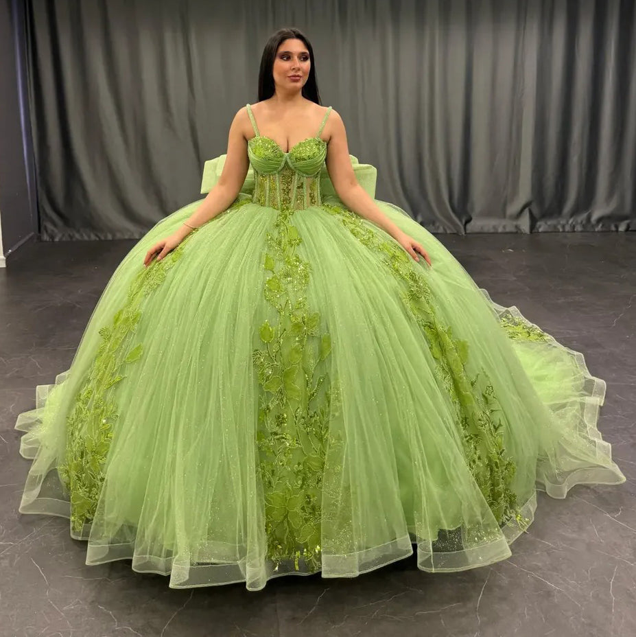 HE159-Vestido de quinceañera verde con apliques de encaje de tul y lazo para fiesta de cumpleaños de princesa